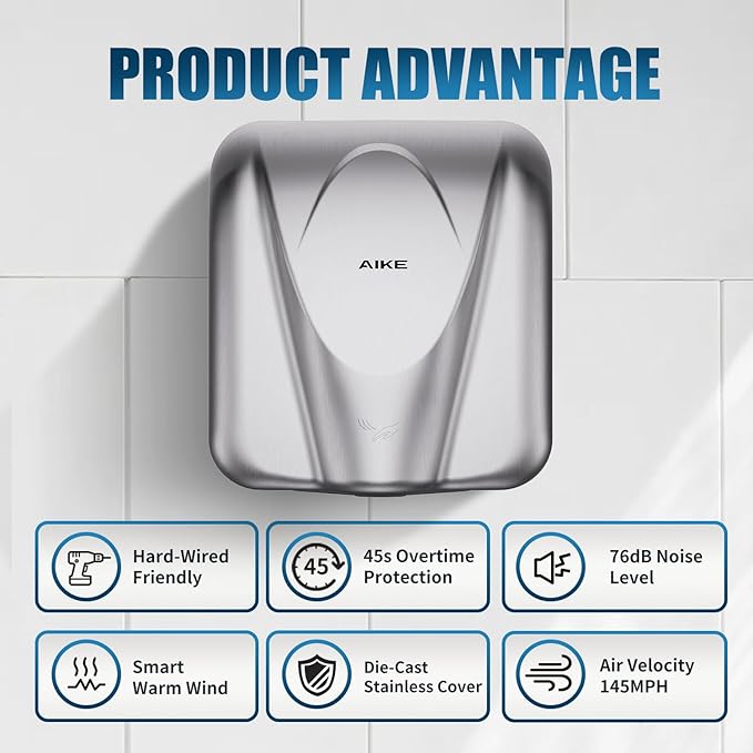 AIKE Elephant Power Commercial Hand Dryer High Speed Auto Warm Wind, Brushed - Image 5