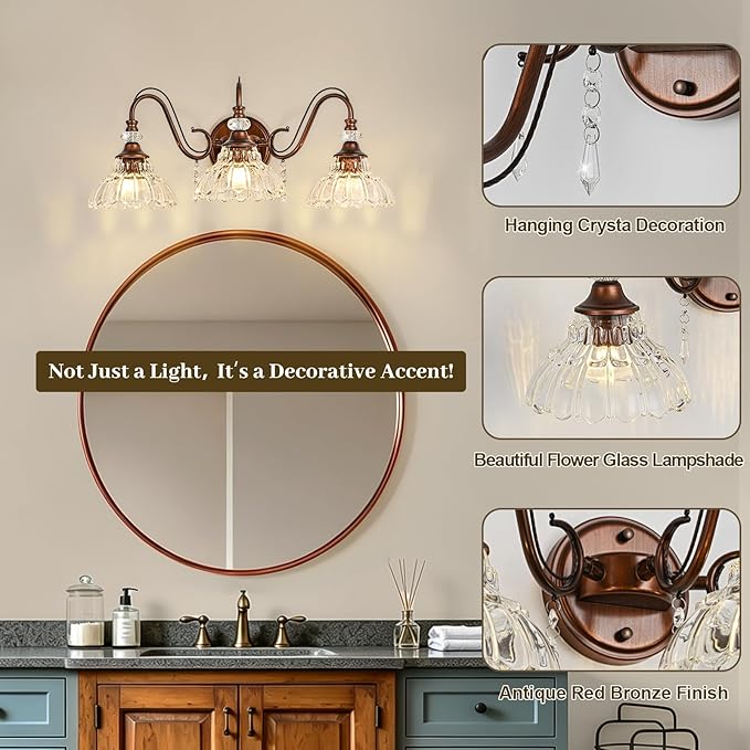Vintage Bathroom Vanity Light, 3-Light Matte Antique Red Bronze Finish Wall - Image 4