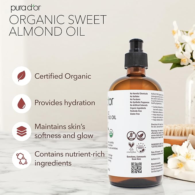 PURA D'OR ORGANIC Sweet Almond Oil 100% Pure & Natural USDA Certified Cold - Image 2