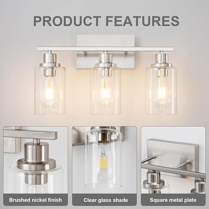 3 Light Bathroom Light Fixtures Brushed Nickel Vanity Light Over Mirror Modern - Image 7