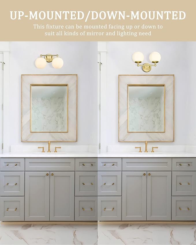 AKEZON Gold Bathroom Light Fixtures, 2-Light Vanity Lights Over Mirror Wall - Image 4