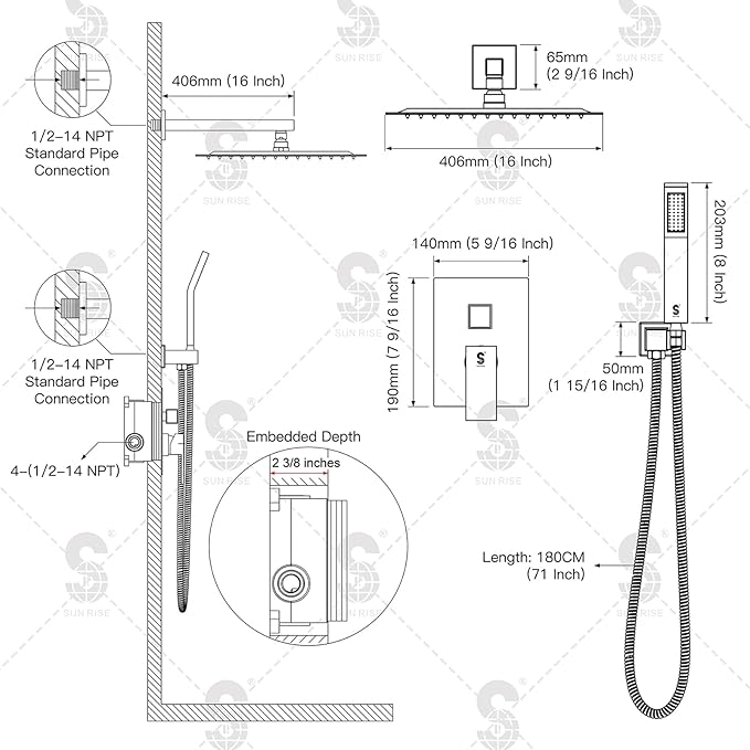 SR SUN RISE Matte Black Square Rainfall Shower Head and Handle Set, Wall - Image 6
