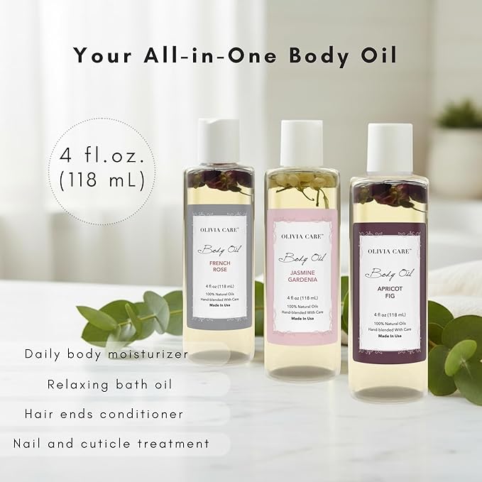 Olivia Care 3 Pack Body Oils: Apricot Fig, French Rose, Jasmine Gardenia - Image 5