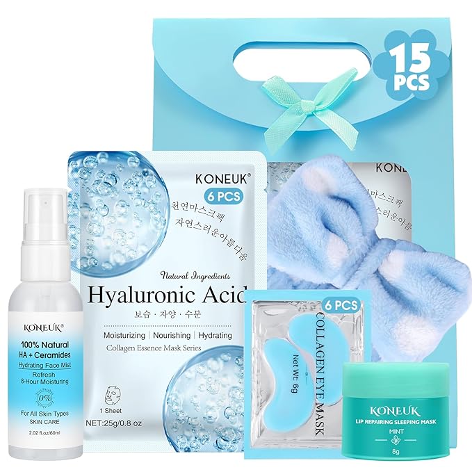 15 PACK Skincare Set with Facial Masks, Under Eye Patches, Face Mist, Lip Mask by KONEUK
