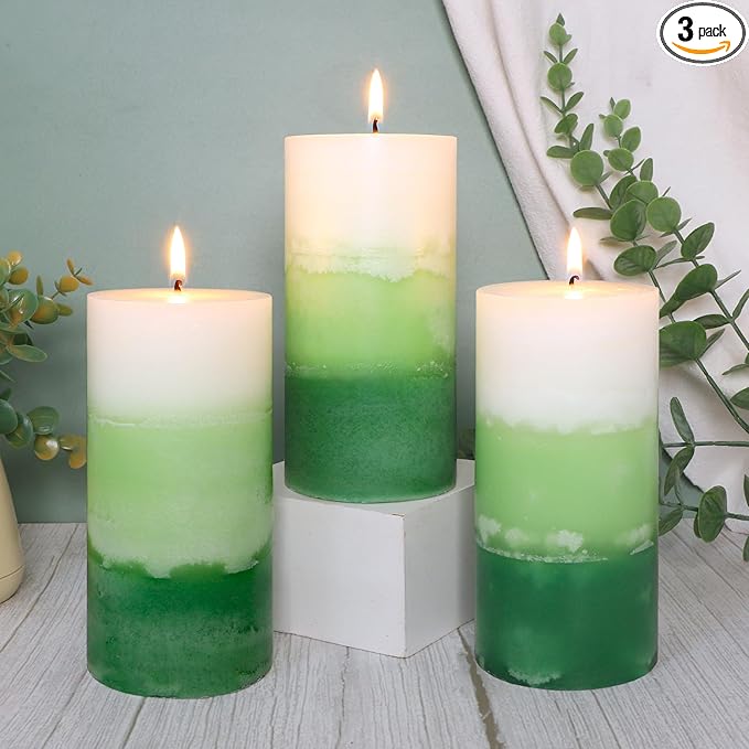 Pillar Candles 3x6 Inch Eucalyptus Scented Hand-Poured 3-Layers Green Gradient by FLAVCHARM