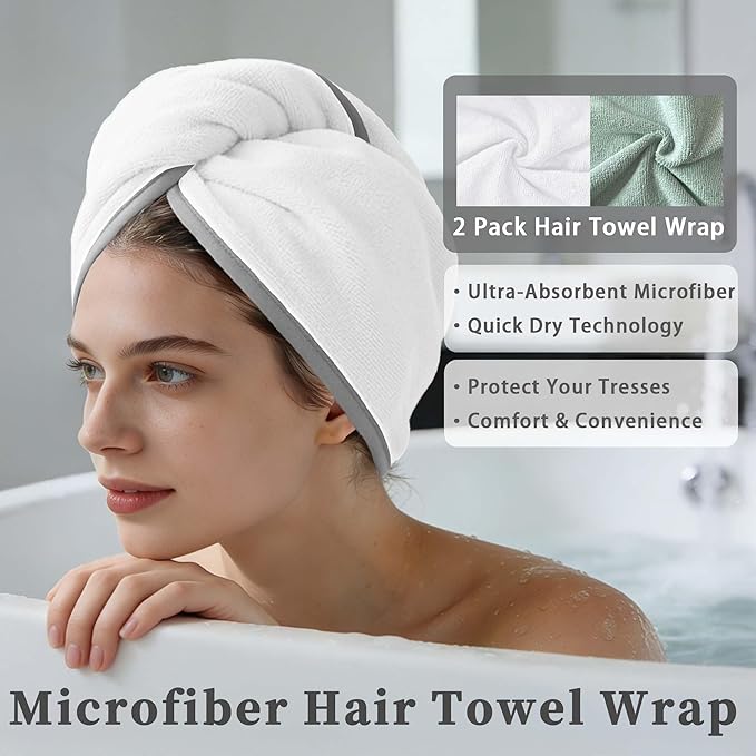 VOOVA & MOVAS Light Gray & White Microfiber Hair Towel Wrap - Image 3