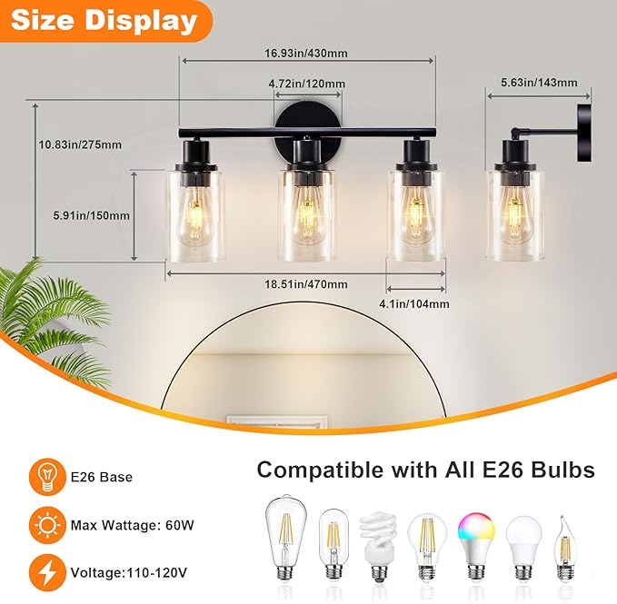 DLLT 3-Light Bathroom Light Fixtures: 18.51" Black Modern Vanity Lights - Image 5