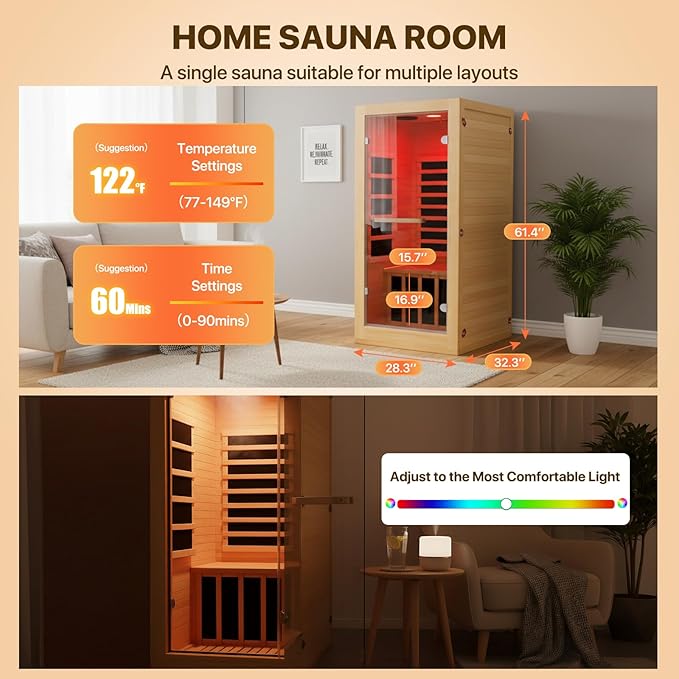 OUTEXER Infrared Sauna Room Indoor Saunas Home Obeche Wood 900W Low-EMF Dry - Image 5