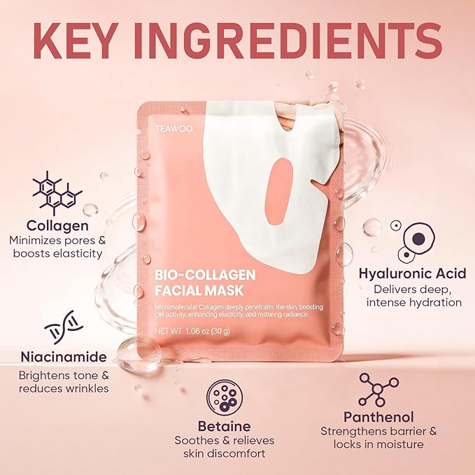 TEAWOO Bio-Collagen Facial Mask 8 EA, Hydrating & Soothing Hydrogel Face Mask - Image 2