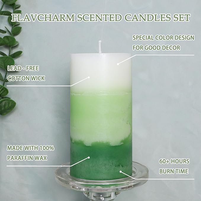 Pillar Candles 3x6 Inch Eucalyptus Scented Hand-Poured 3-Layers Green Gradient - Image 3