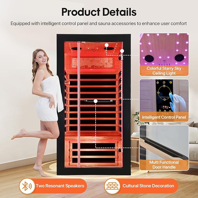 OUTEXER One Person Sauna Far Infrared Saunas Room Obeche Wood 1350W Dry Saunas - Image 3