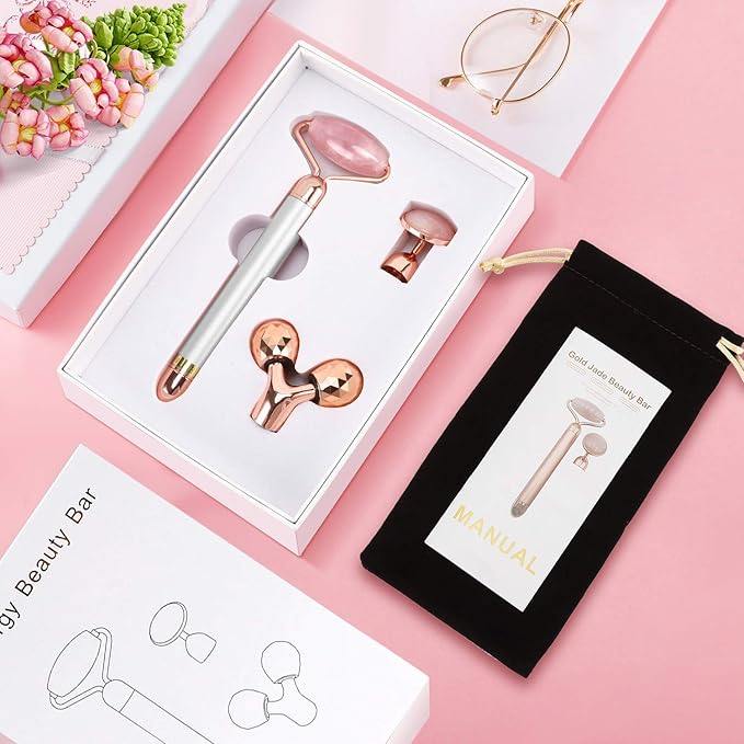 3-IN-1 Electric Jade Roller 3D Roller Facial Roller & Face Massager, Rose Quartz - Image 8