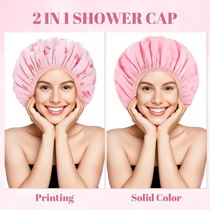 Large Double-Sided Shower Cap for Women, 2-in-1 Reusable Waterproof Cherry - Image 3