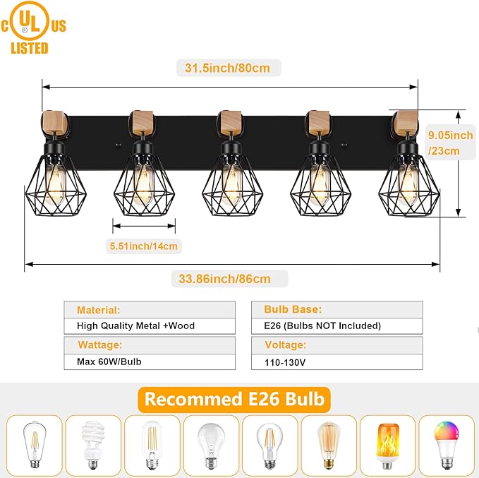 FadimiKoo 5-Light Farmhouse Wood Wall Sconces Lighting, Rustic Bathroom Wall - Image 2