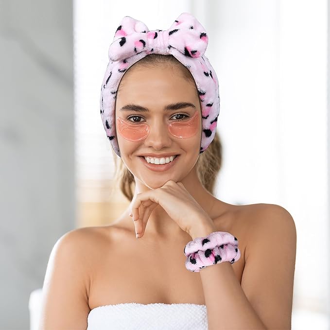 Pink Leopard Print Plush Wash Face Headband Bowknot Cheetah Spa Hair Band Wrist - Image 3