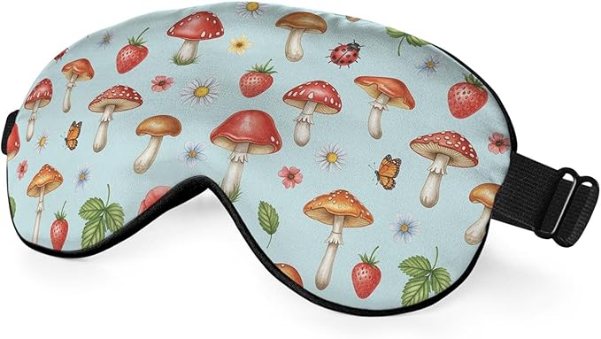 Mushrooms Silk Eye Mask Sleep Mask Summer Flowers Strawberry Butterfly Berries by Unknown