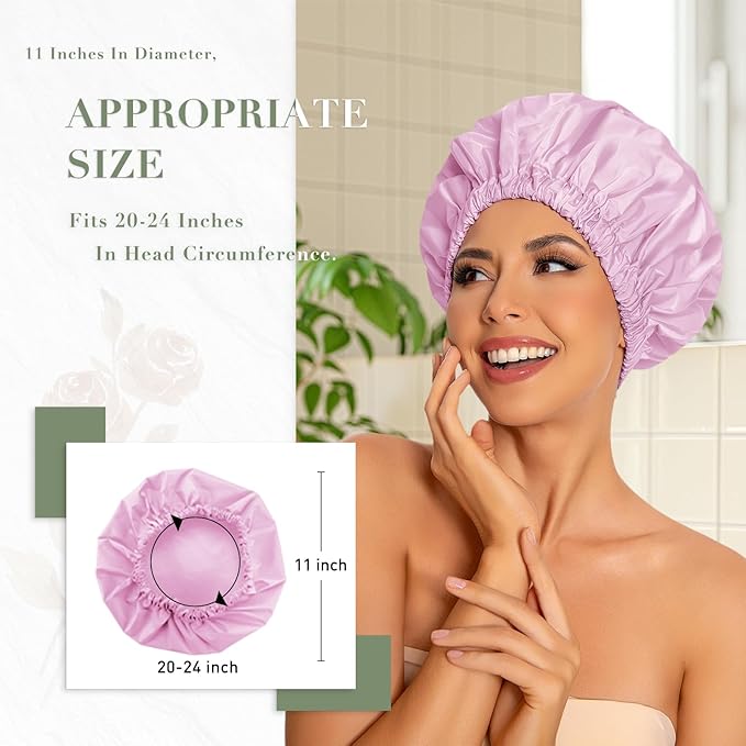 Reusable Shower Cap for Women, Large Waterproof Shower Bonnet Washable Elastic - Image 3