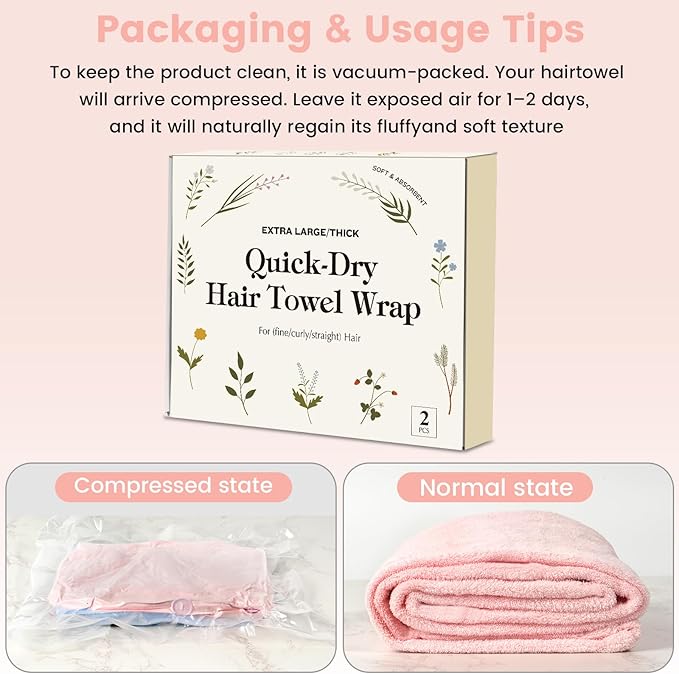 Microfiber Hair Towel Wrap for Women, 2 Pack Large Fast Drying Hair Towel - Image 7