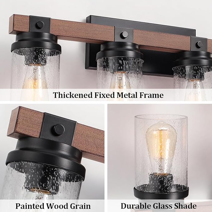 4-Lights Farmhouse Bathroom Vanity Light, Rustic Wood Bathroom Light Fixtures - Image 3