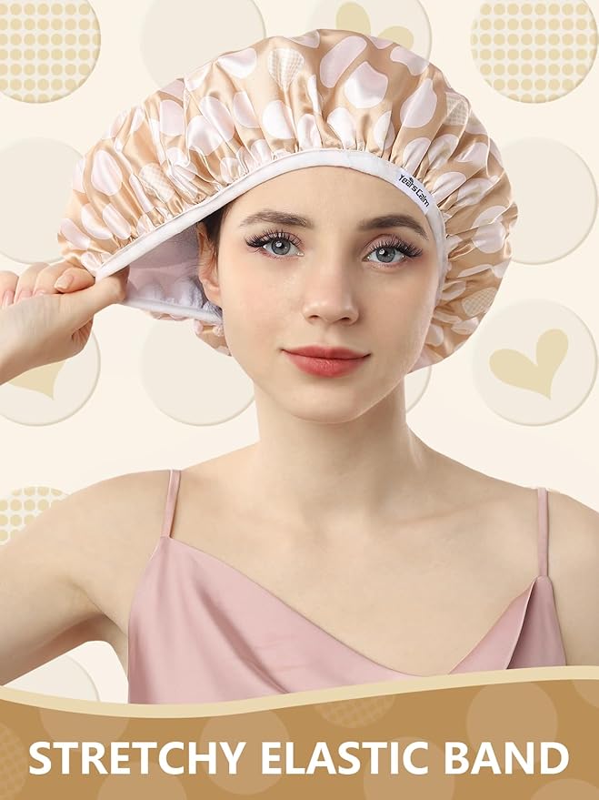 Years calm Terry Lined Shower Cap, Triple Layer Heart Motifs, Waterproof - Image 4