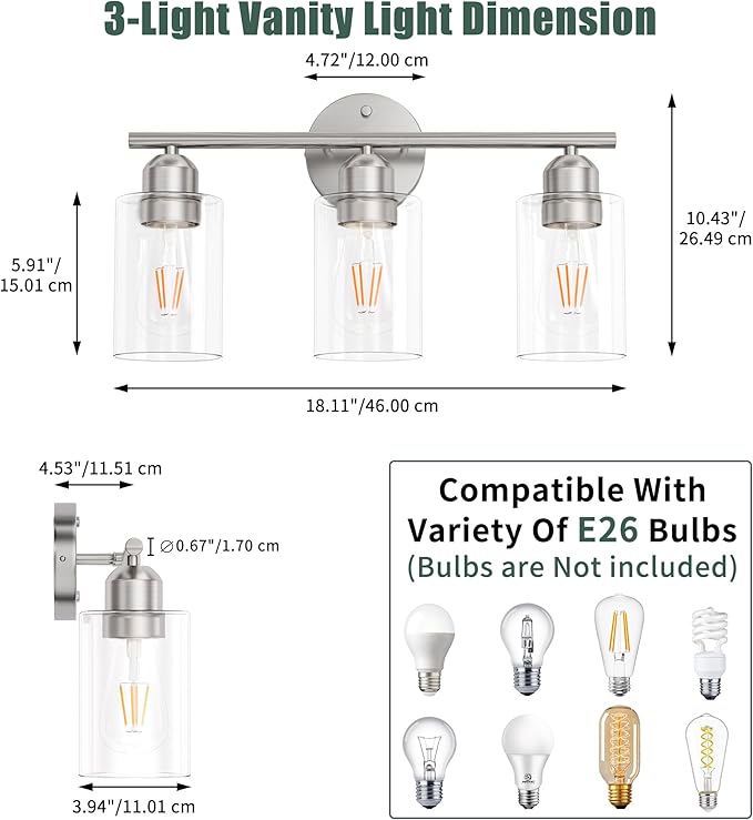 Espird Bathroom Vanity Light Fixtures Brushed Nickel, 3 Lights Bathroom Over - Image 3