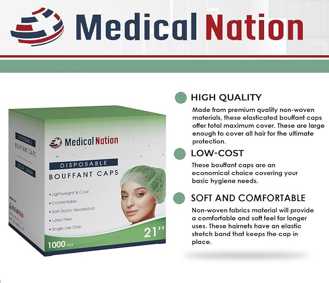 Medical Nation 21" Disposable Bouffant Caps Hair Net | CASE OF 1000, - Image 3