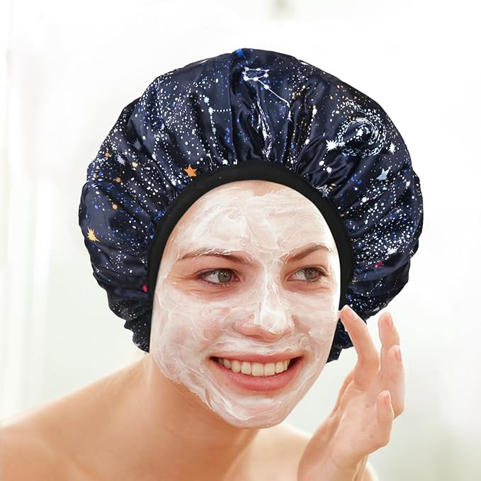 Navy Astral Print Satin Shower Cap, Three-Layer Terry Cloth Lined, - Image 5