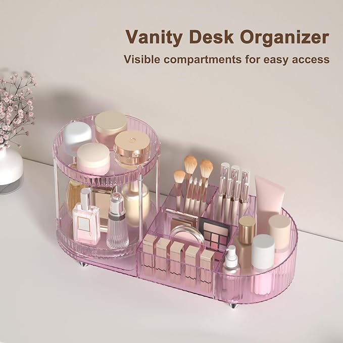 360 Rotating Vanity Makeup Organizer, 2 Small Trays & 5 Compartments - Image 3