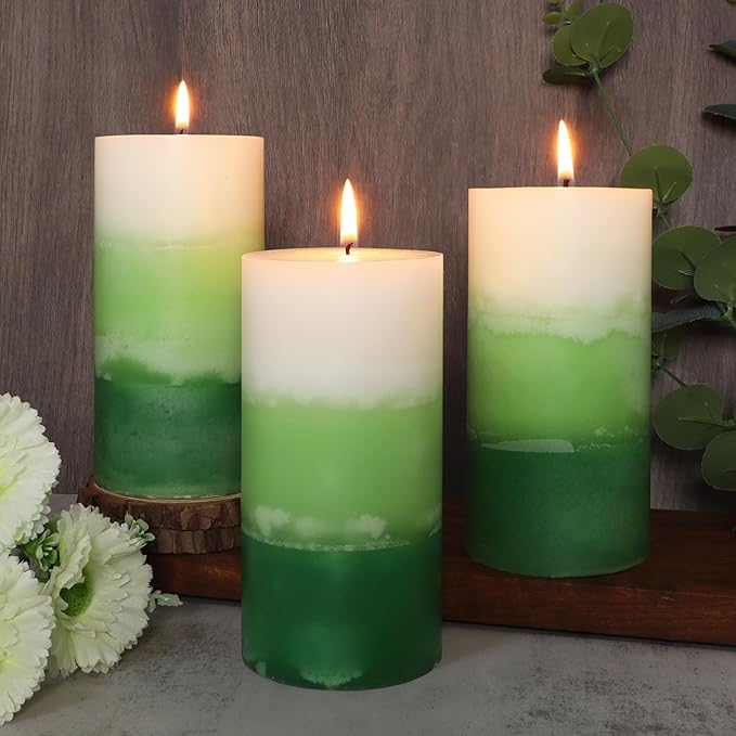 Pillar Candles 3x6 Inch Eucalyptus Scented Hand-Poured 3-Layers Green Gradient - Image 5