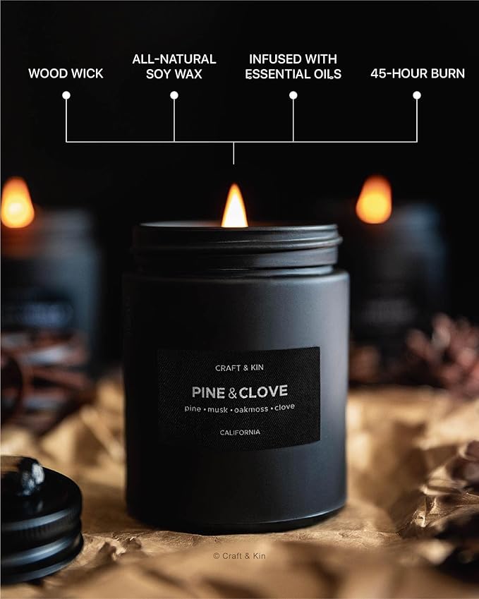 Craft & Kin Premium Pine & Clove Candle | Black Scented Candles - Image 4