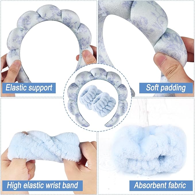 Zkptops Spa Headband for Washing Face Wristband Set Flower Sponge Makeup - Image 5