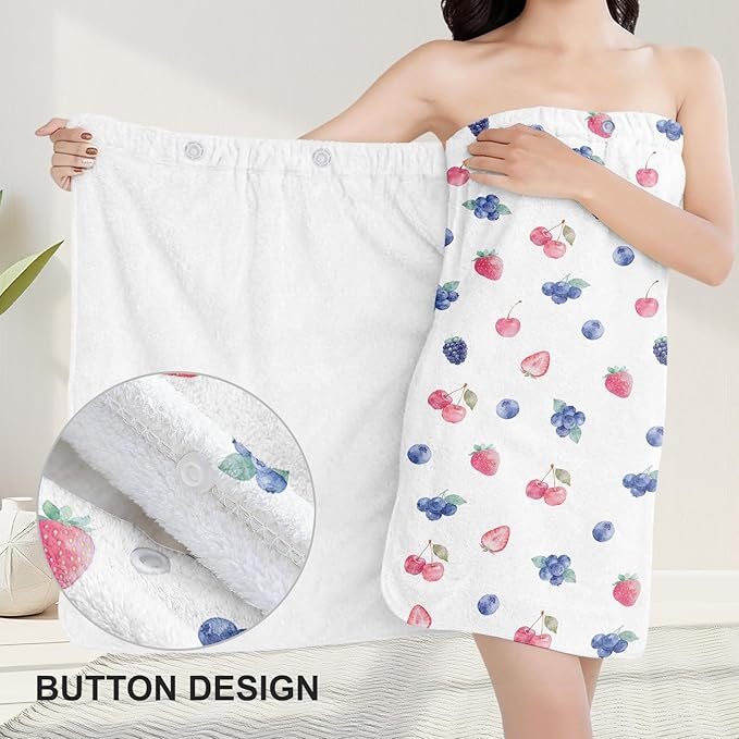 Absorbent Bath Towel Wrap Set for Women, Berries Print Towel Wrap After Shower - Image 5