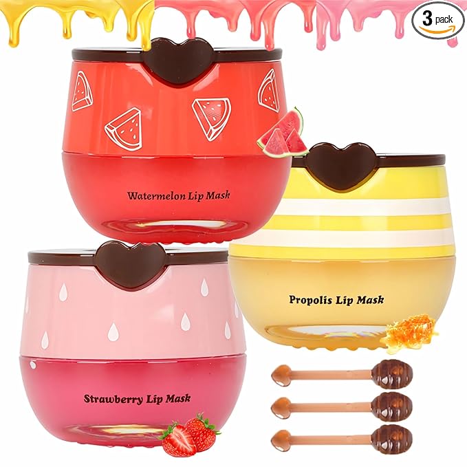 3 PCS Bee Lip Balm Lip Mask Honey Pot, Mothers Day Gifts, Honey & Strawberry & by Deepmind