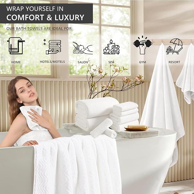 8 Piece Bath Towel Set White|2 Oversized Large Bath Sheet, 2 Hand Towels - Image 2