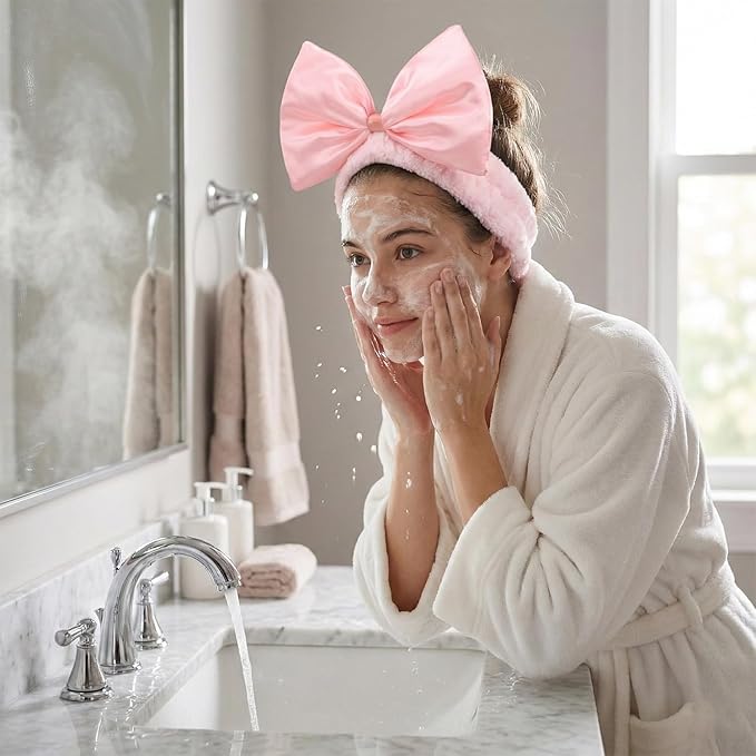 JIAHANG Large Bow Facial Spa Headband, Morning Wash Skincare Satin Bow Hairband - Image 6