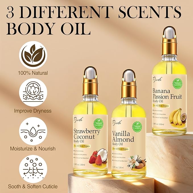 Pjordo 3 Pcs Body Oil with Banana Passion Fruit, Vanilla Almond & Strawberry - Image 2