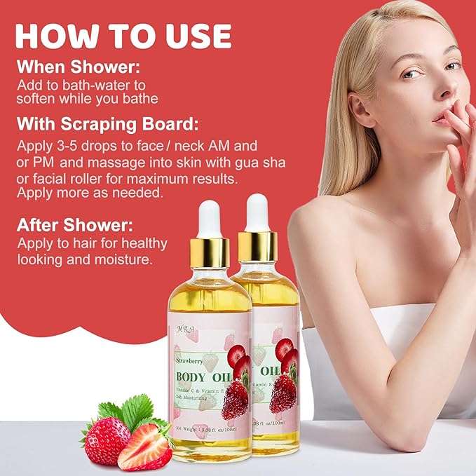 MR.A 2 Pack Strawberry Body Oil Juice Scented, Vitamin E Body Oil after Shower - Image 7