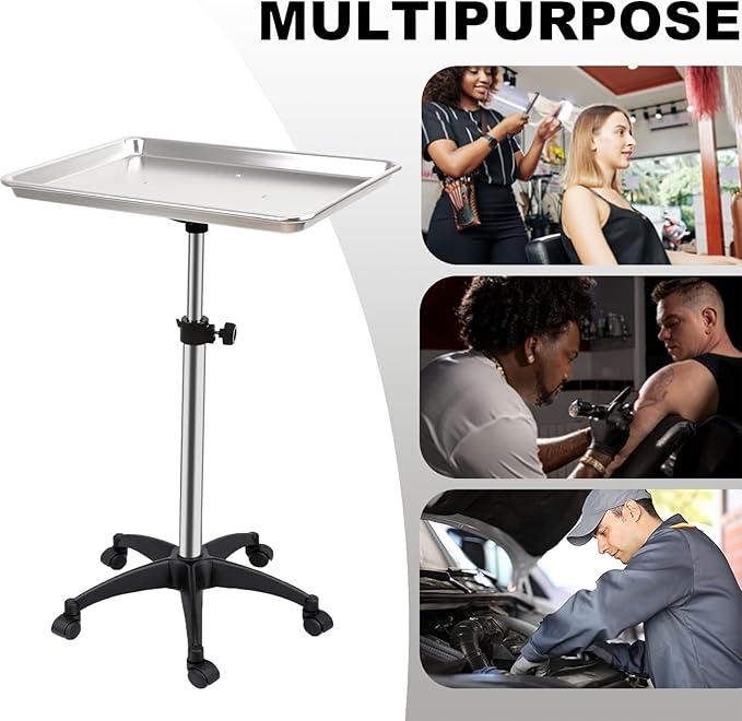Salon Rolling Tray, Height Adjustable Tattoo Tray Rolling Cart, Storage Utility - Image 2