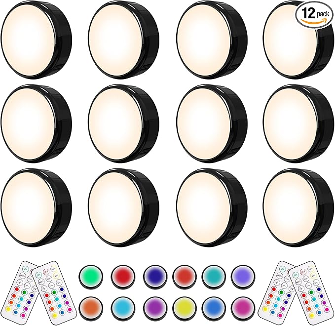 HELPLEX LED Puck Lights with Remote, 12 Pack Color Changing RGBW Stick-On Light by HELPLEX