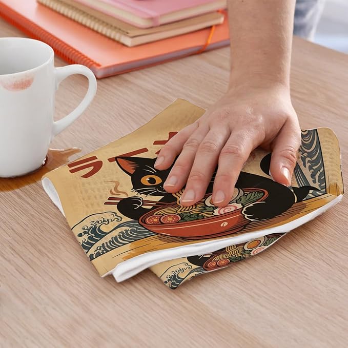 2PCS Vintage Japanese Cat Kitchen Towels, Quirky Ramen Cat Reusable Absorbent - Image 5