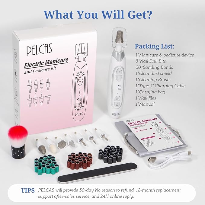 PELCAS Electric Nail File, 5 Speeds Manicure and Pedicure Kit, Cordless Nail - Image 8