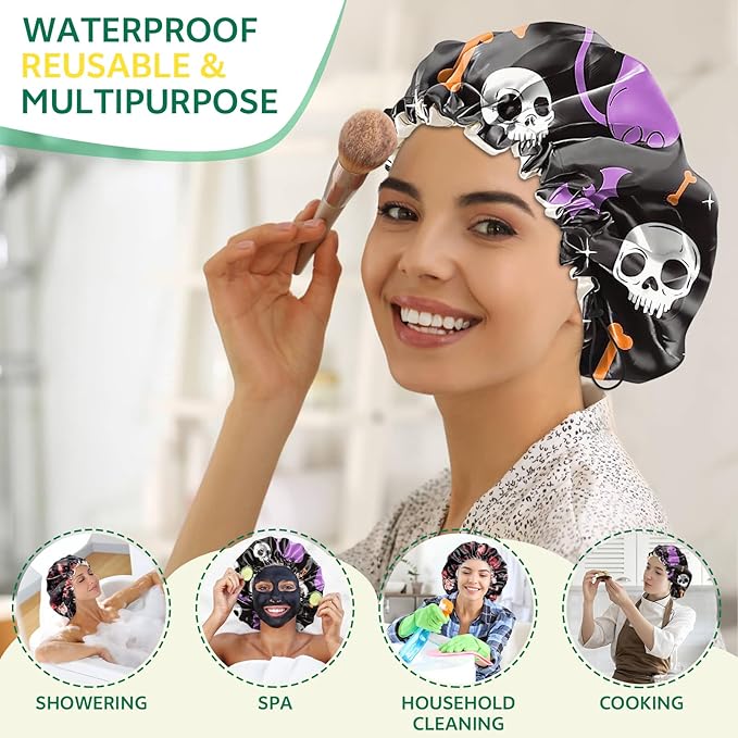 2 PCS Shower Cap Waterproof Double Layer Elastic Adjustable Reusable Hair Bath - Image 6