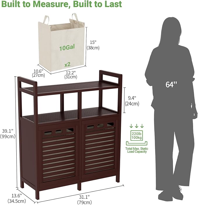 Homykic Tilt Out Laundry Hamper Cabinet, Bamboo Double Laundry Hamper - Image 7