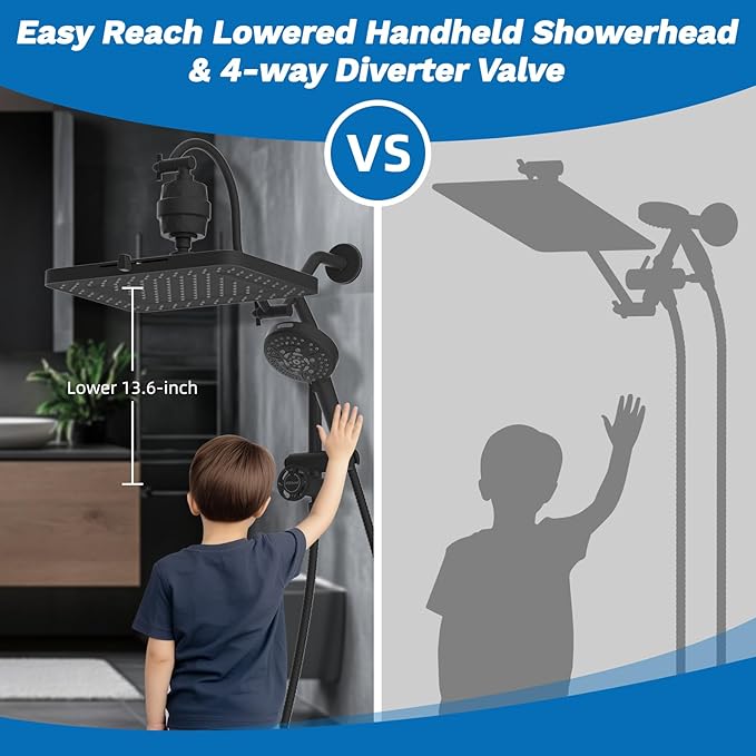 Hibbent 5-spray Dual Filtered Rainfall Shower Head Combo, High Pressure 13'' - Image 5
