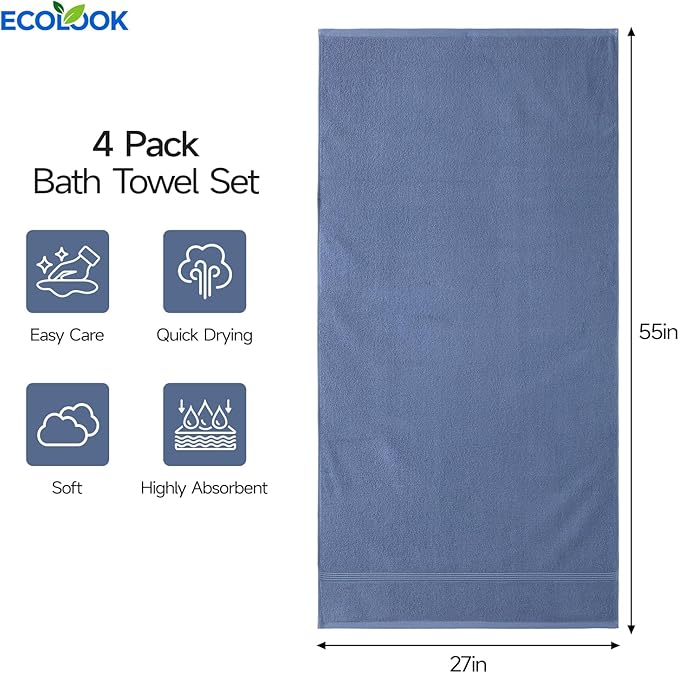 ecolook Bath Towels Set of 4, 100% Cotton, 27 x 55 Inches, Quick-Drying & - Image 3