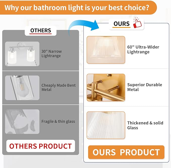 OCIOC 3-Light Bathroom Vanity Light, Modern Gold Wall Light Fixture - Image 6
