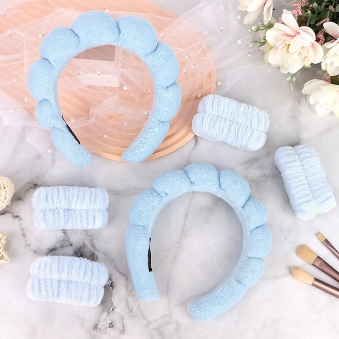 6Pcs Blue Spa Set, Skincare Wrist Washbands, Terry Cloth Headbands - Image 7