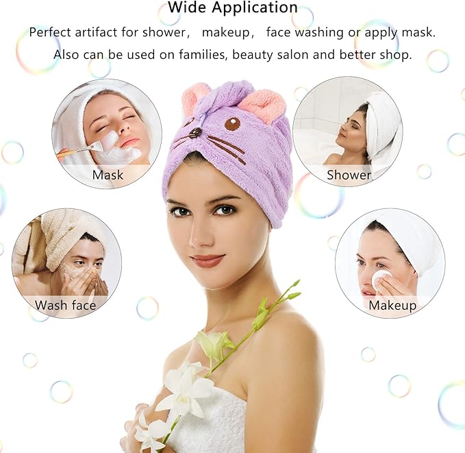 Whaline 2 Pack Parent-Child Quick Dry Hair Towel Cute Mouse Hair Towel Wrap - Image 2