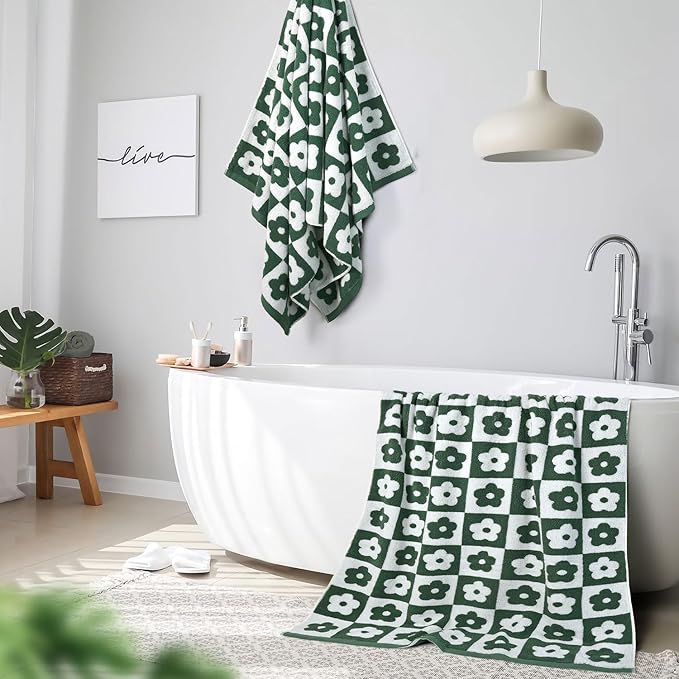 Jacquotha 2-Pieces Luxury Bath Towels Checkered Floral, Cute Bathroom Decor - Image 6