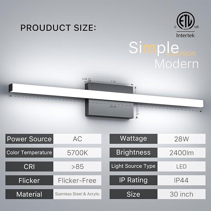 30Inch LED Bathroom Vanity Light Bar 5700K Dimmable Led Bathroom Light Over - Image 2